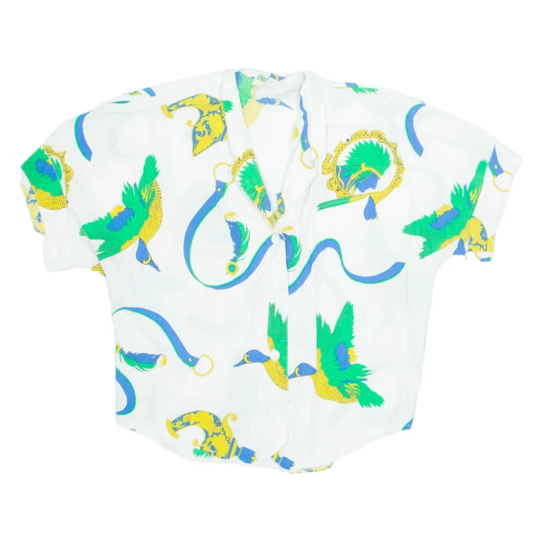 INES Womens Printed Shirt White Collared Crazy Pattern M