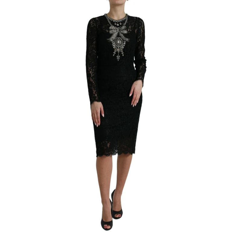 Dolce & Gabbana Black Lace Crystal Embellished Sheath Dress Nylon Cotton Viscose - Women