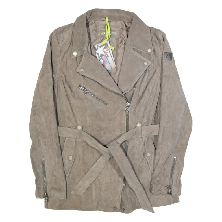 FREAKY NATION Belted Womens Biker Jacket Grey Leather Suede XL