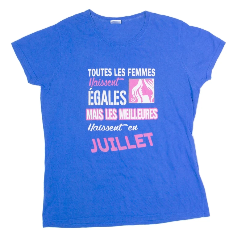 GILDAN French July Birthday Womens T-Shirt Blue Crew Neck L