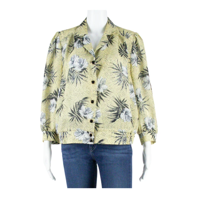 Womens Shirt Blouse Yellow V-Neck 3/4 Sleeve Floral M