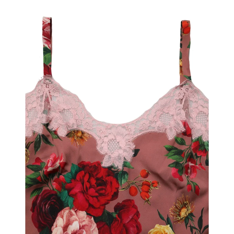 Dolce & Gabbana Brown Rose Print Satin Lace Camisole Tank Top Cotton Elastane Nylon Silk - Women