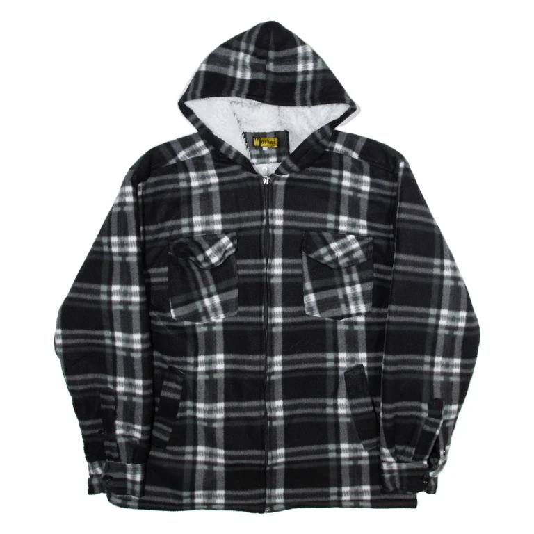 WORKER Mens Jacket Black Wool Hooded Check XL