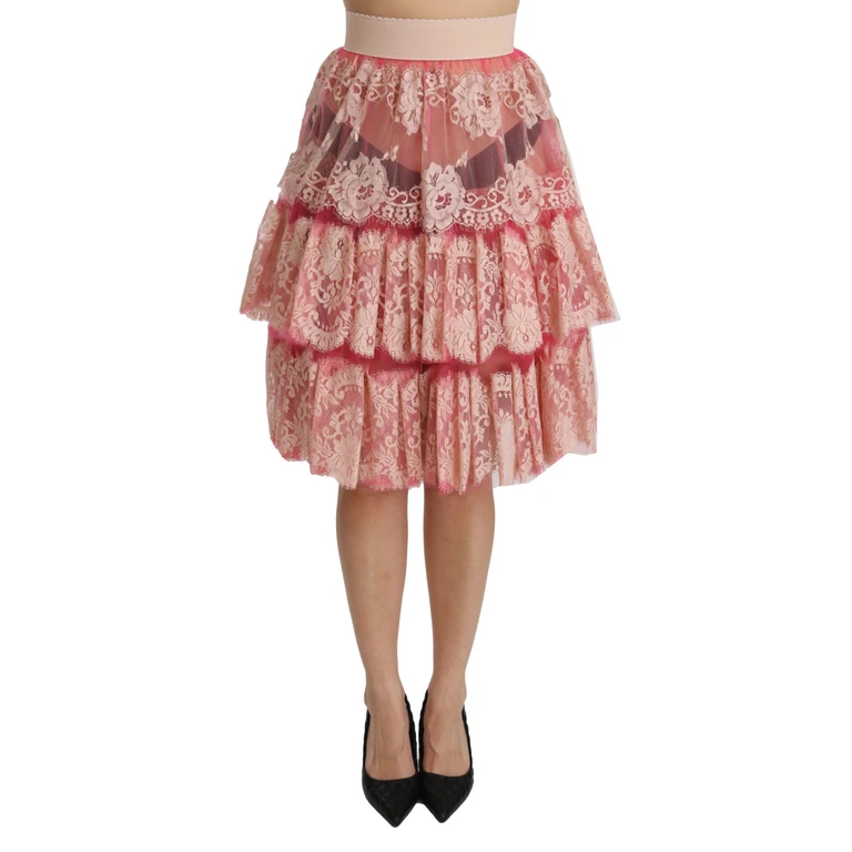 Dolce & Gabbana Pink Lace Layered High Waist Knee Length Skirt Nylon Cotton - Women