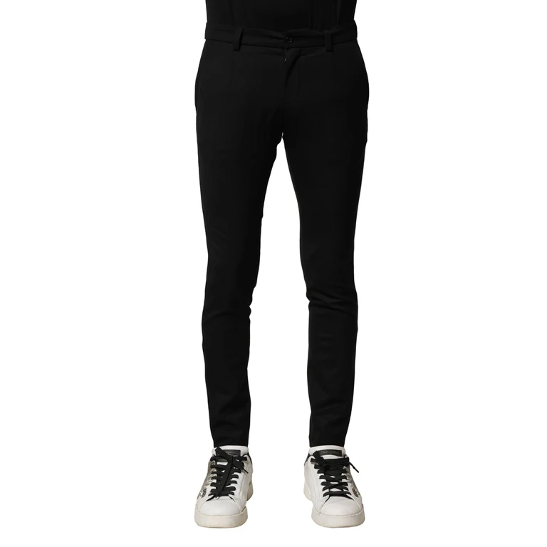 Black Wool Men Skinny Mid Waist Pants Vigin Cotton Elastane - Men