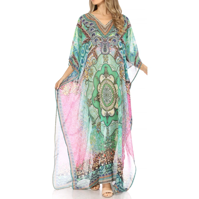 Sakkas Wilder Printed Design Long Sheer Rhinestone Caftan Dress / Cover Up