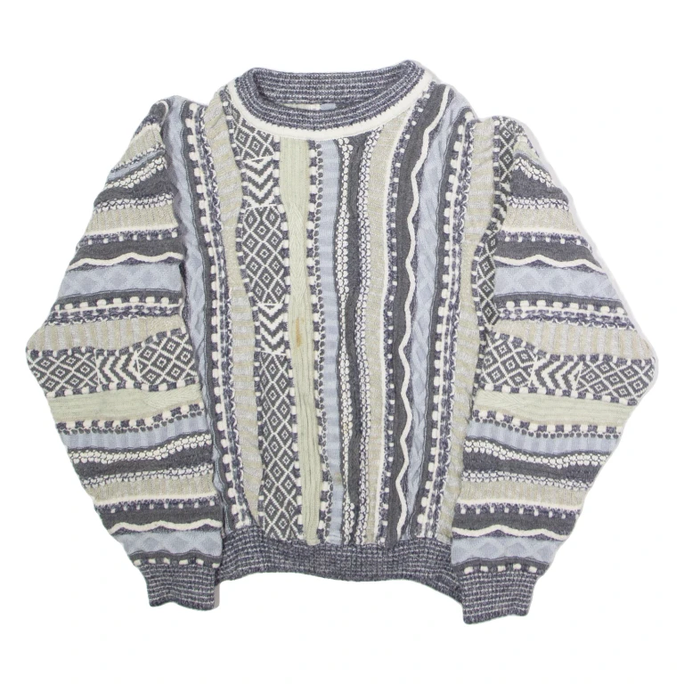 Mens Patterned Jumper Blue Crew Neck 90s Chunky Knit XS
