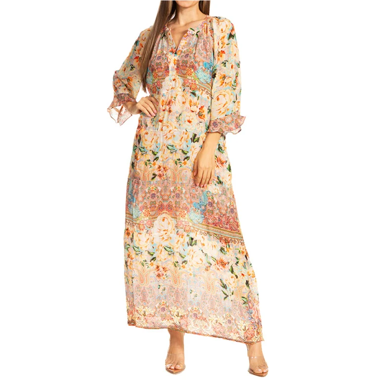 Sakkas Womens Henley Neck Elbow Sleeves Long A-Line Summer dress with pockets
