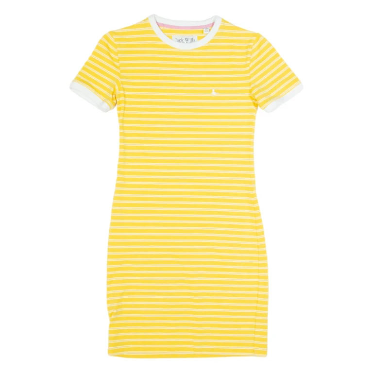 JACK WILLS Womens T-Shirt Dress Yellow Striped Short Sleeve Knee Length UK 6