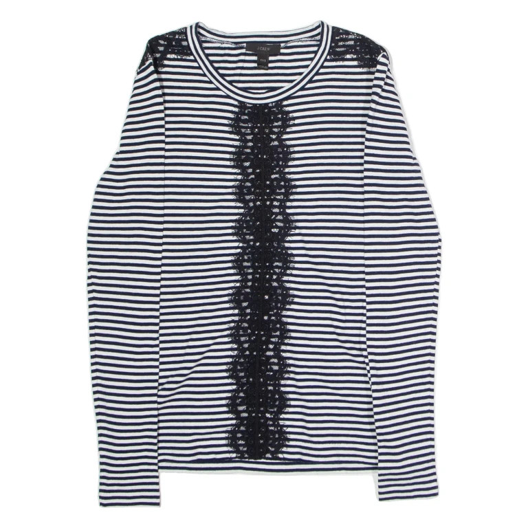 J.CREW Striped Lace Womens T-Shirt Black Long Sleeve Crew Neck XXS
