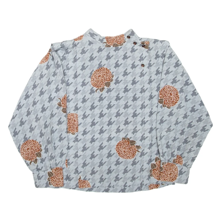 Womens Printed Blouse Grey Button Neck Long Sleeve Floral L