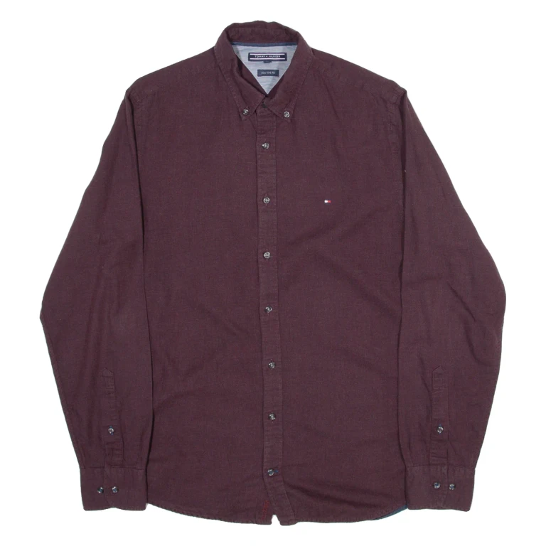 TOMMY HILFIGER New York Fit Mens Plain Shirt Maroon Long Sleeve M