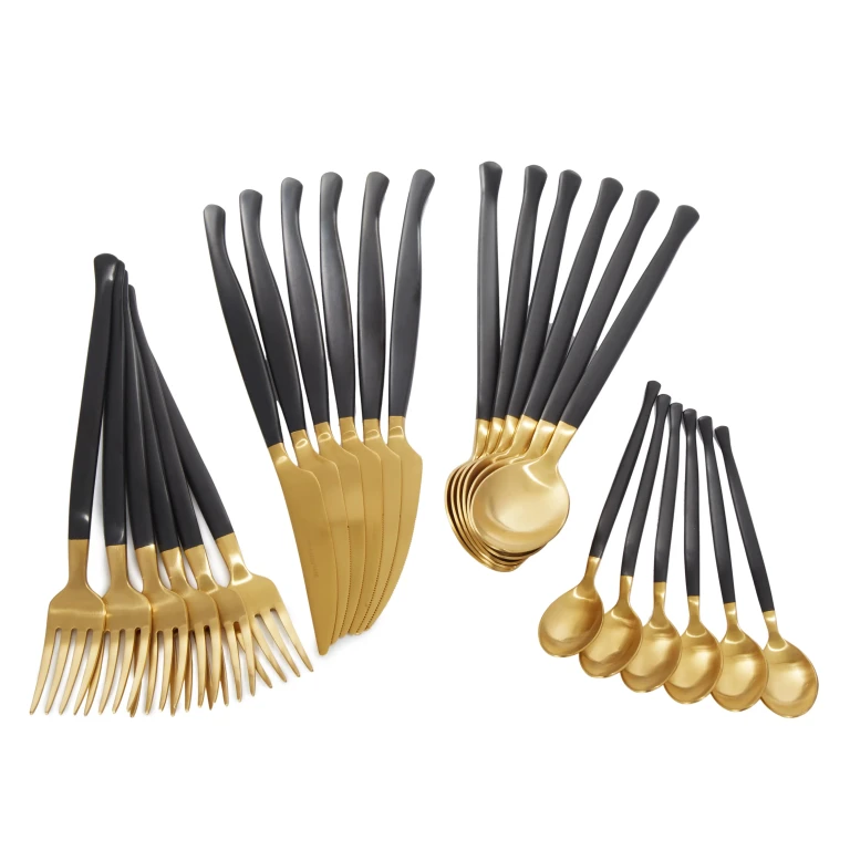 DiNA Evolve 24Pc Stainless Steel Flatware Set, Black and Gold