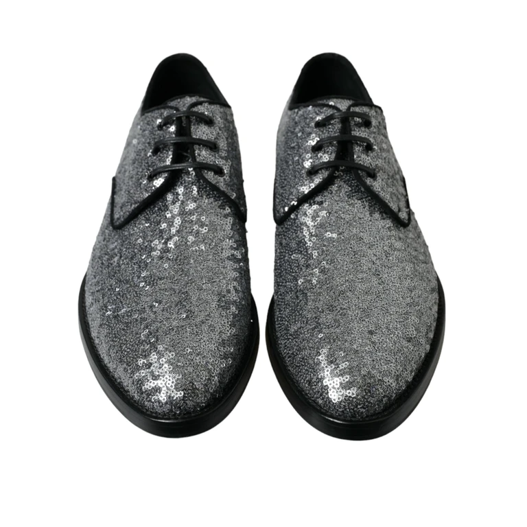 Dolce & Gabbana Silver Sequined Lace Up Men Derby Dress Shoes Black Leather - Men