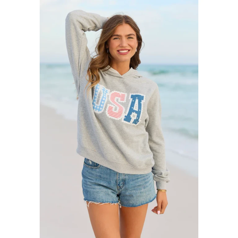 USA Lace Print Light Grey Graphic Hoodie