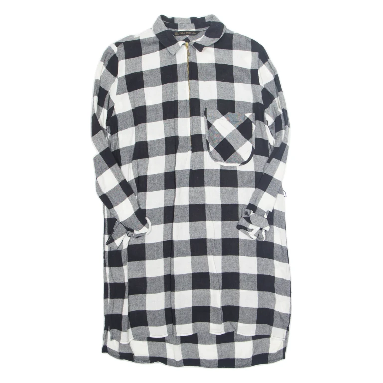 ZARA Womens Shirt Dress Black Check Long Sleeve Knee Length S