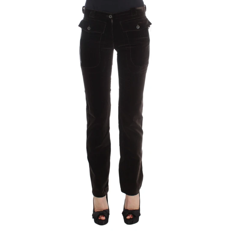 Ermanno Scervino Brown Cotton Velvet Zippers Slim Fit Pants - Women