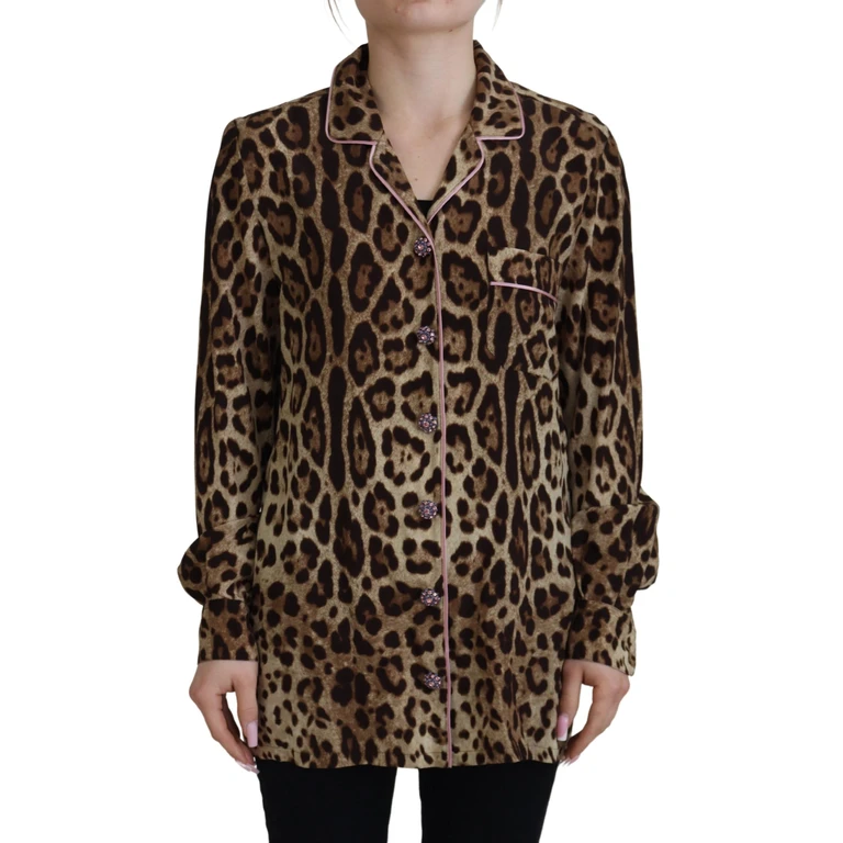 Brown Leopard Print Long Sleeves Blouse Top Silk - Women