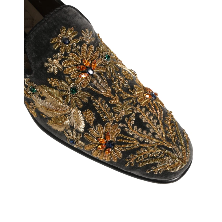Dolce & Gabbana Black Velvet Embellished Dress Loafers Shoes Leather - Men