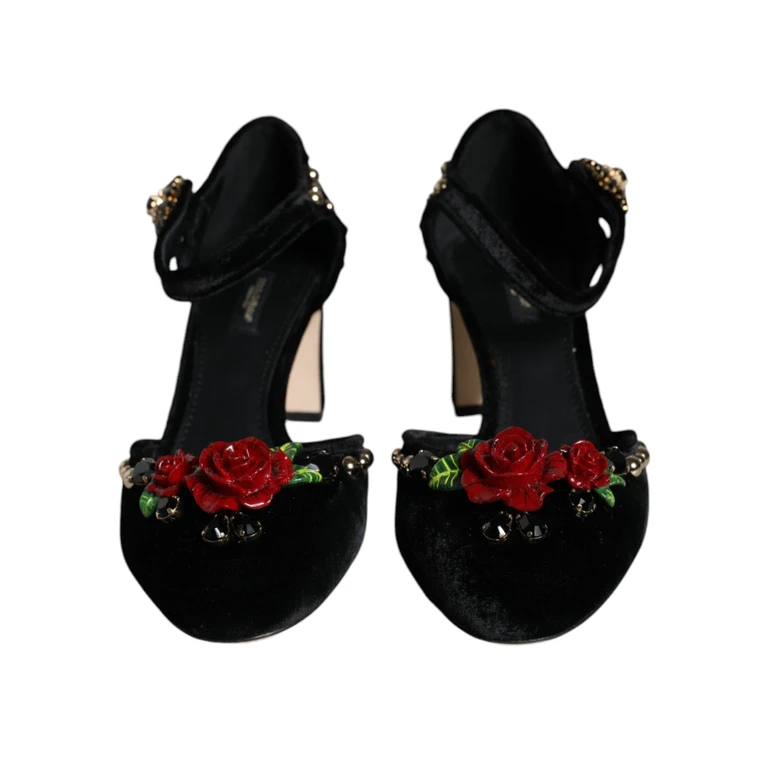 Black Velvet Roses Ankle Strap Pumps Shoes Viscose Silk - Women