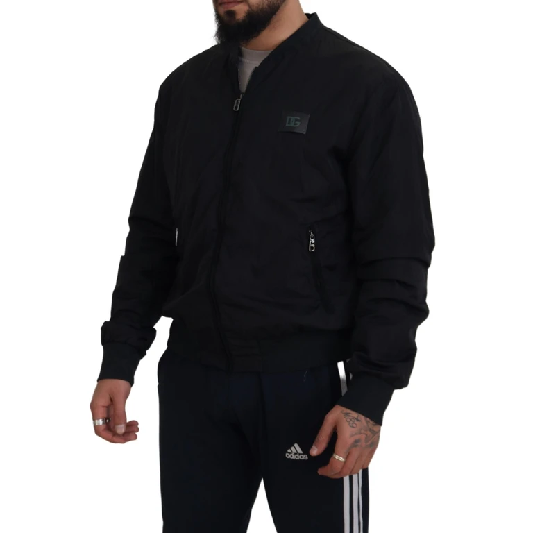 Black Nylon Logo Bomber Zipper Jacket Clothing - Men