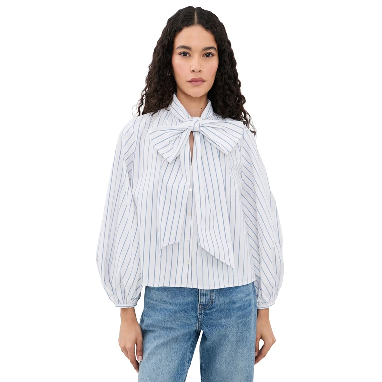 L'AGENCE Deon Tie Neck Blouse White/Thin Blue Mist Stripe M