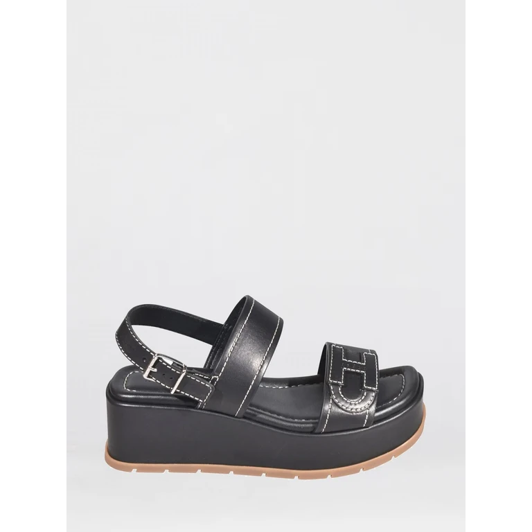 H703 Leather Wedge Sandals with Embroidered H Logo (HXW7030GC30KXTB999)