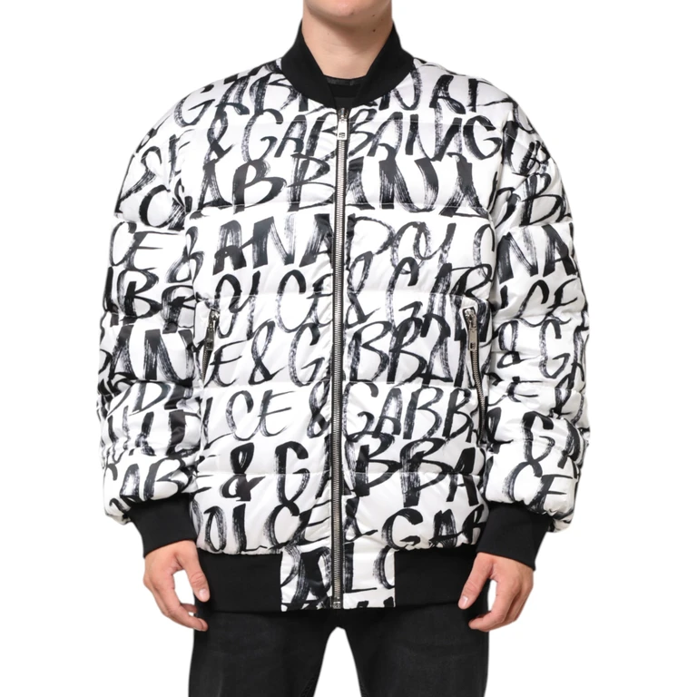 Dolce & Gabbana White Black Graffiti Logo Puffer Bomber Jacket Polyester Clothing - Men