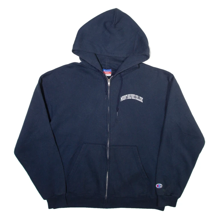 CHAMPION Mount Holyoke College Mens Blue Hoodie Full Zip USA L