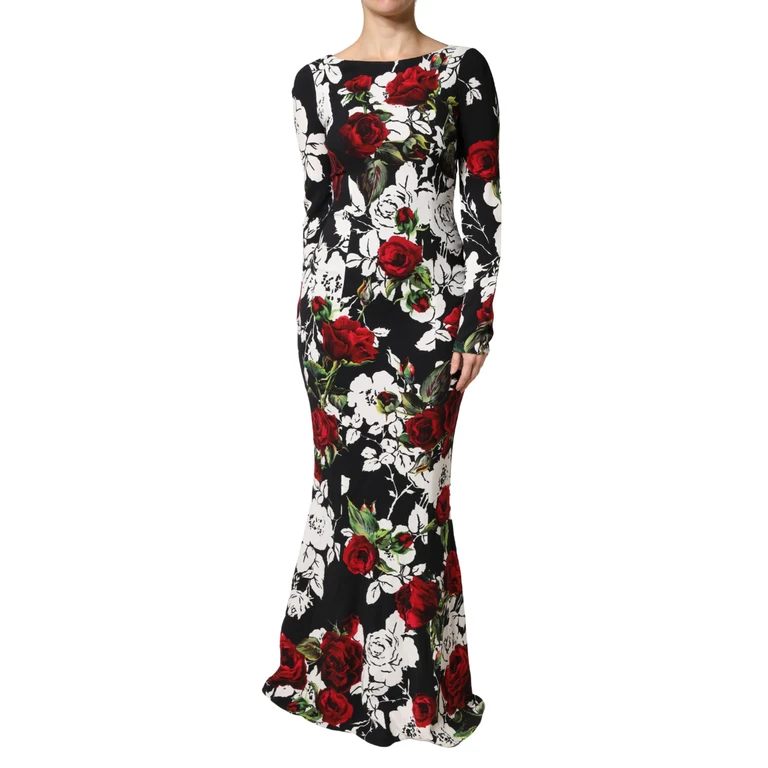 Dolce & Gabbana Black Floral Viscose Bodycon Long Gown Dress - Women