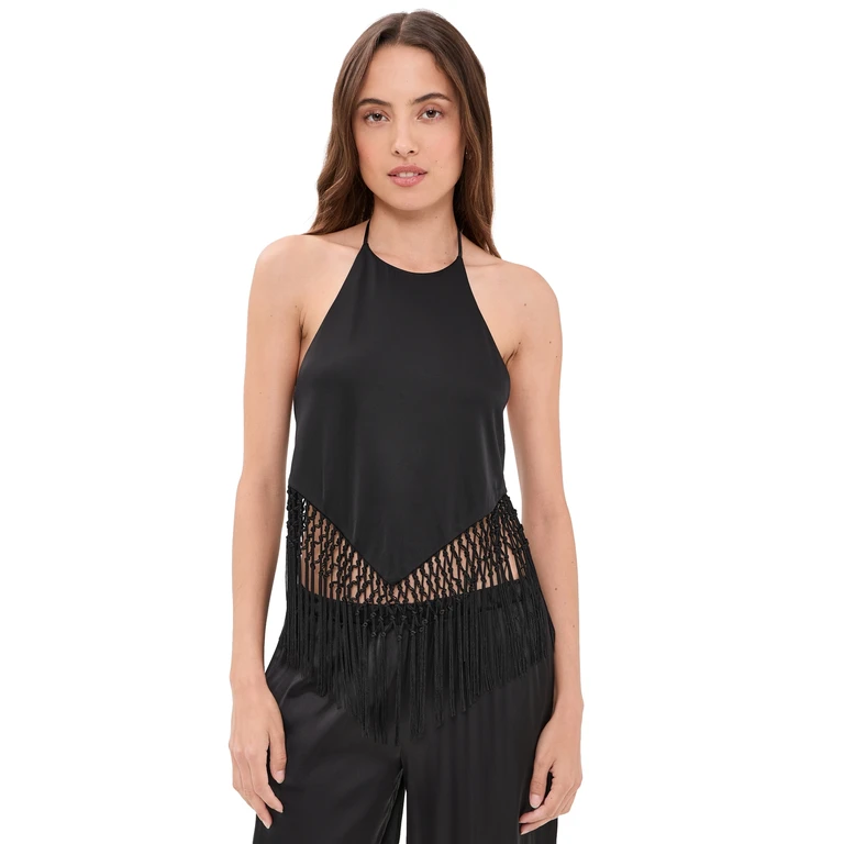 ALICE + OLIVIA Greta Halter Tie Back Handkerchief Top Black XL