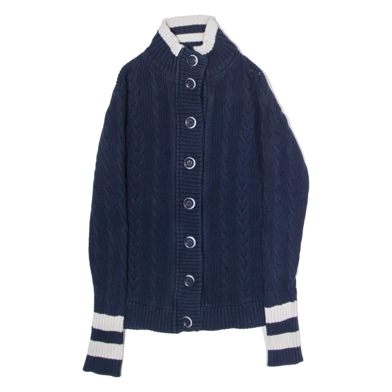CREW CLOTHING Womens Heavy Knit Cardigan Blue High Neck Cable Knit UK 6