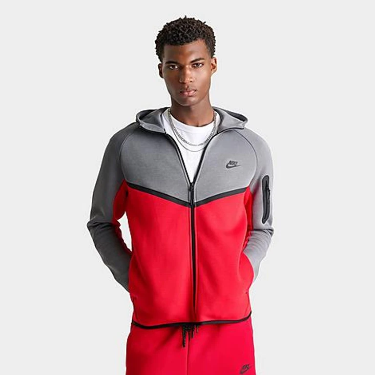 Nike Men's Tech Fleece Windrunner Full-Zip Hoodie in Smoke Grey/Fire Red Size: Small