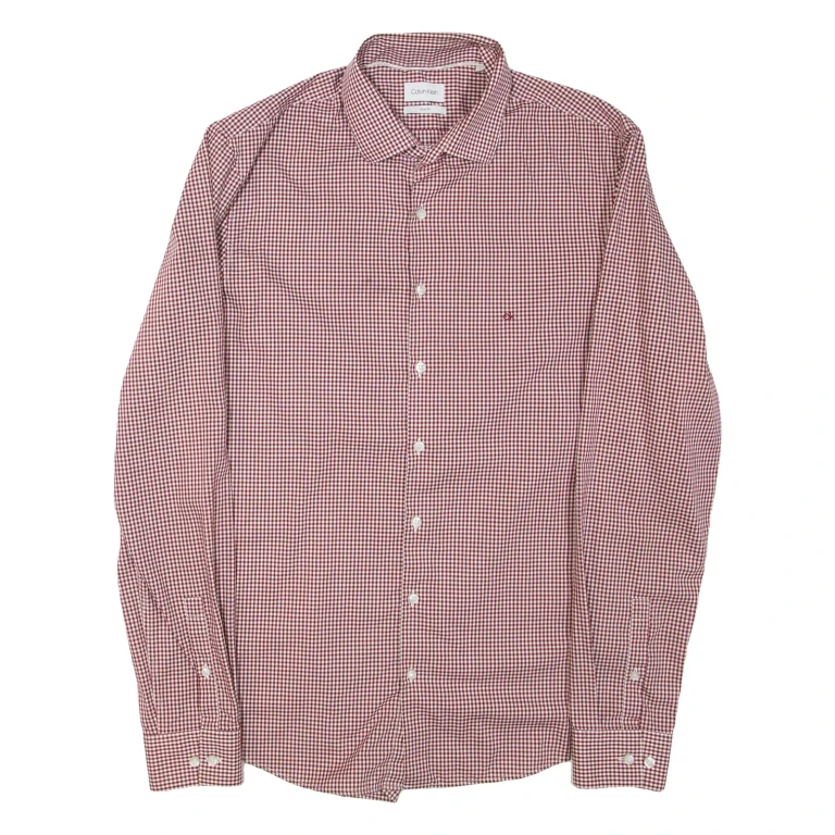 CALVIN KLEIN Mens Shirt Maroon Gingham Long Sleeve M