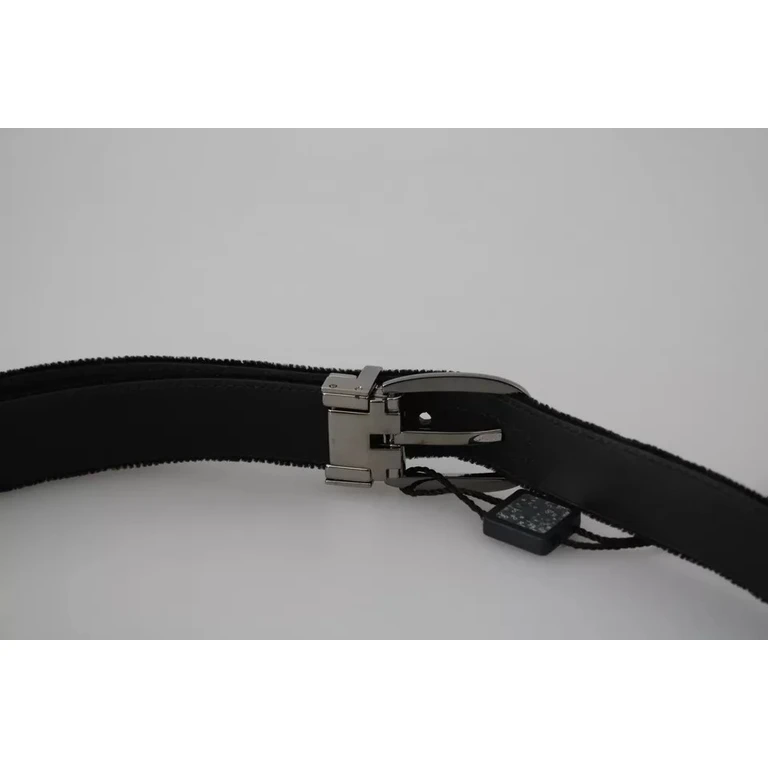 Dolce & Gabbana Black Velvet Silver Tone Metal Buckle Men Belt Cotton Leather - Men