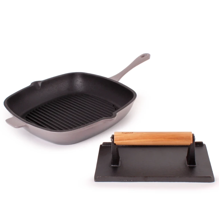 Neo 2pc Cast Iron 11" Grill Pan with Steak Press, Oyster