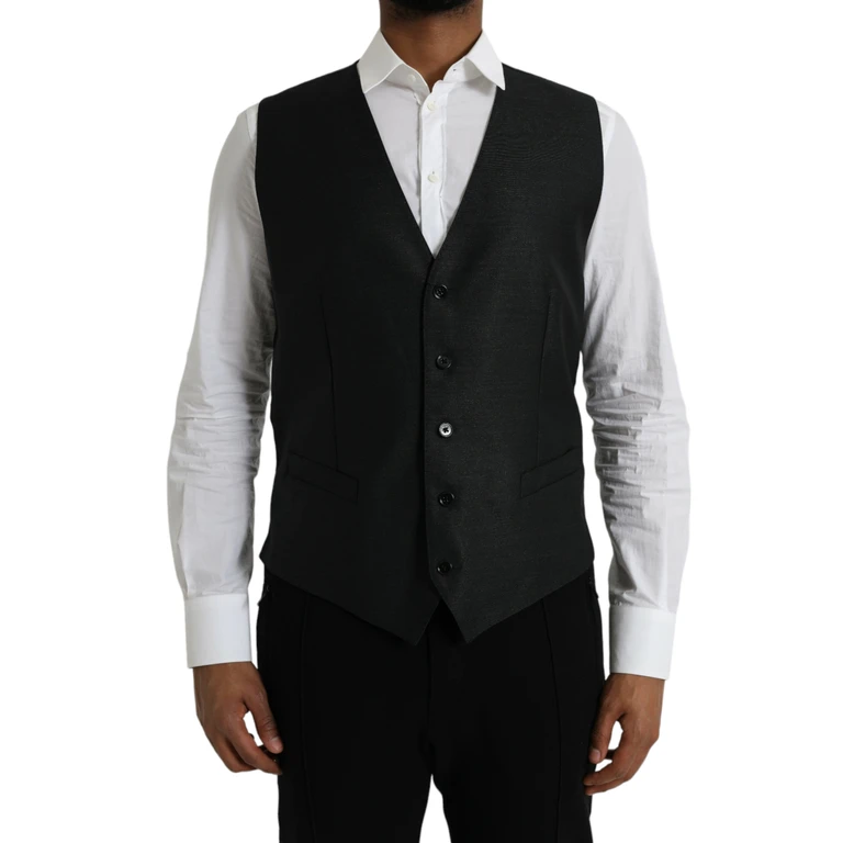Dolce & Gabbana Black Wool Waistcoat Dress Formal Vest Virgin Silk - Men