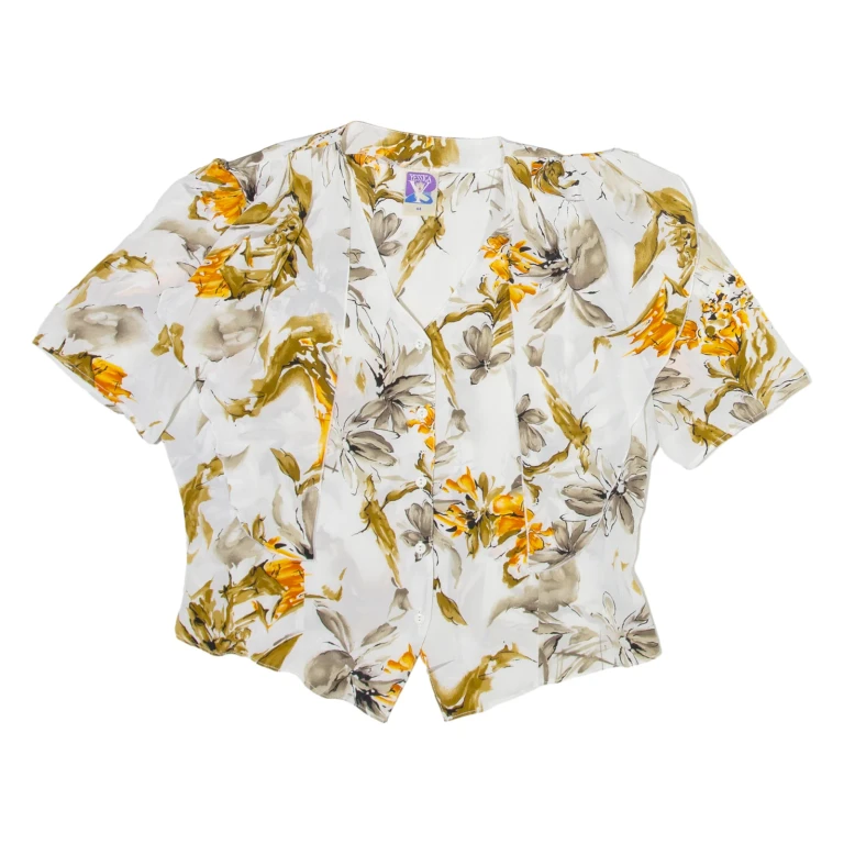 YESSICA Womens Printed Blouse White V-Neck Viscose Floral L