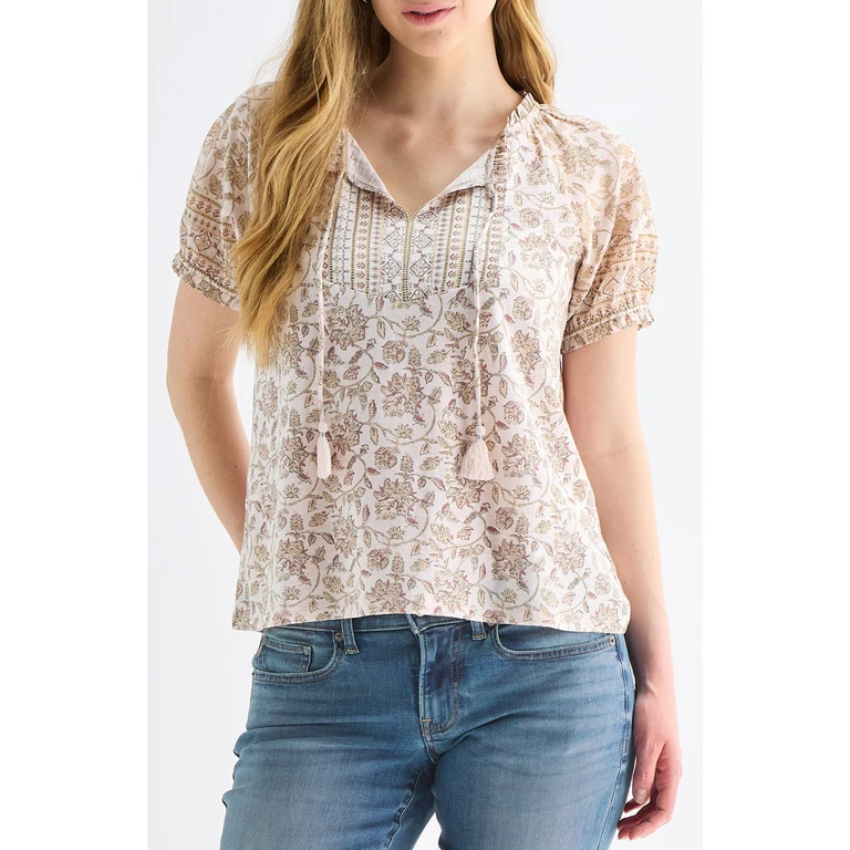 Women's Short Sleeve Notch Neck - Pink Multi