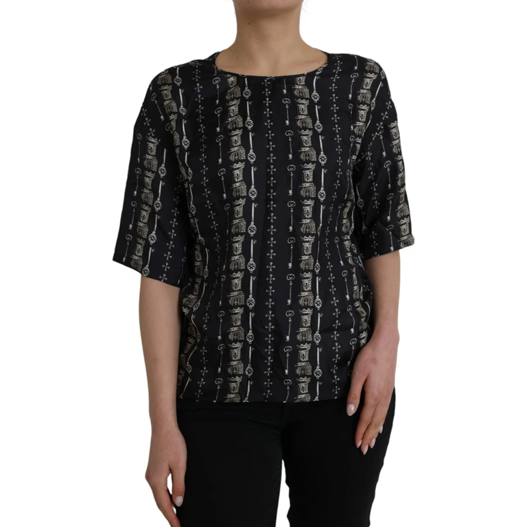 Dolce & Gabbana Black Key Castle Print Silk Blouse T-Shirt - Women