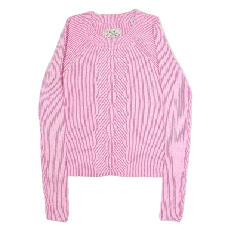 JACK WILLS Womens Patterned Jumper Pink Striped Crew Neck Tight Knit Wool UK 10