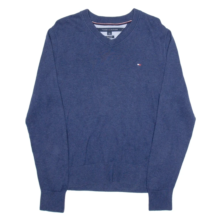 TOMMY HILFIGER Mens Jumper Blue V-Neck Tight Knit S