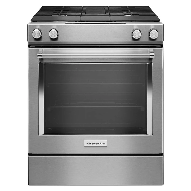 30 in. 4-Burner Dual Fuel Downdraft Slide-In Range in Steel