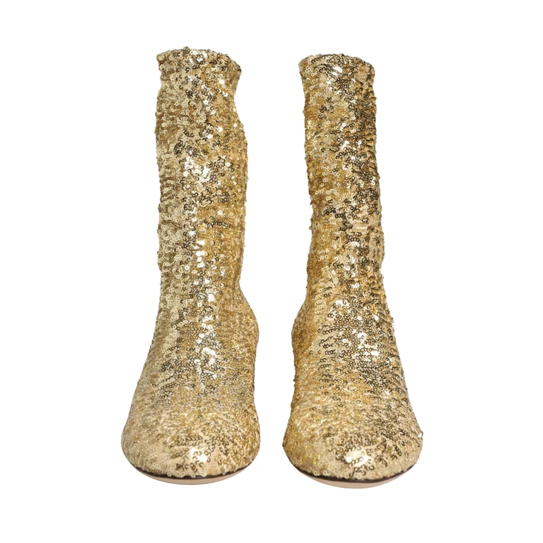 Dolce & Gabbana Gold Sequined Short Boots Stretch Shoes Elastane Nylon Polyester - Women