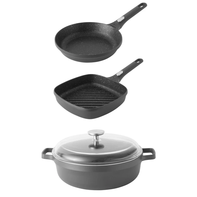 GEM 4pc Nonstick Cast Aluminum Cookware Set, Fry pan, Grill Pan & Saute Pan