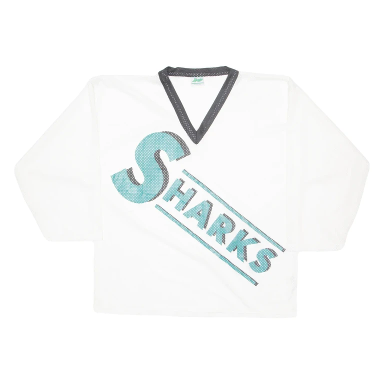 YVETTE Sharks Mens Jersey White Long Sleeve USA V-Neck XL