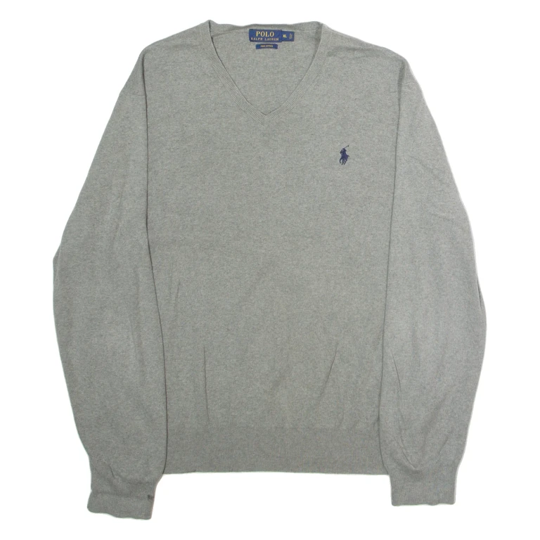 POLO RALPH LAUREN Mens Jumper Grey V-Neck Tight Knit XL