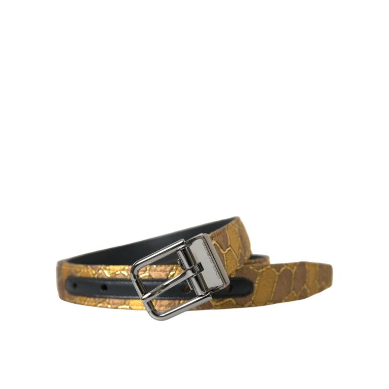 Dolce & Gabbana Gold Leather Jacquard Silver Metal Buckle Belt - Men