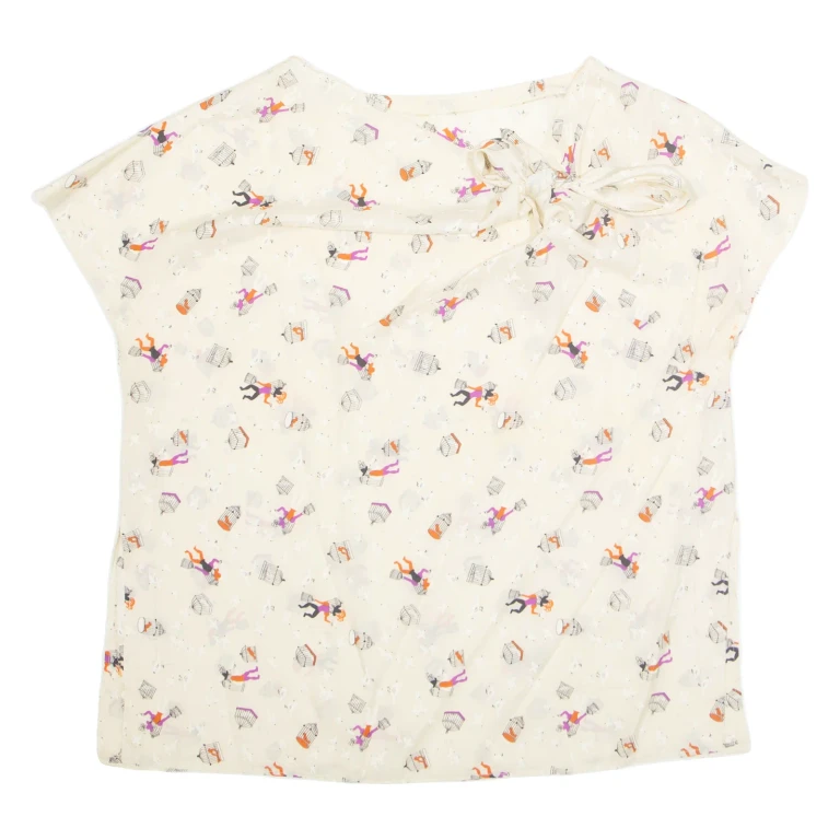 Womens Printed Blouse Cream V-Neck Crazy Pattern L