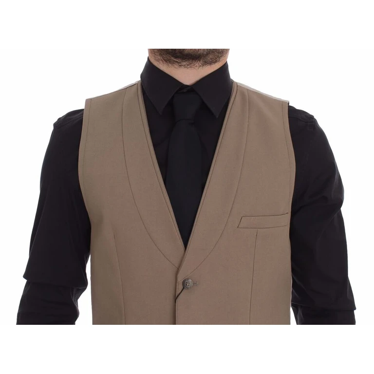 Beige Cotton Slim Fit Button Front Dress Vest - Men